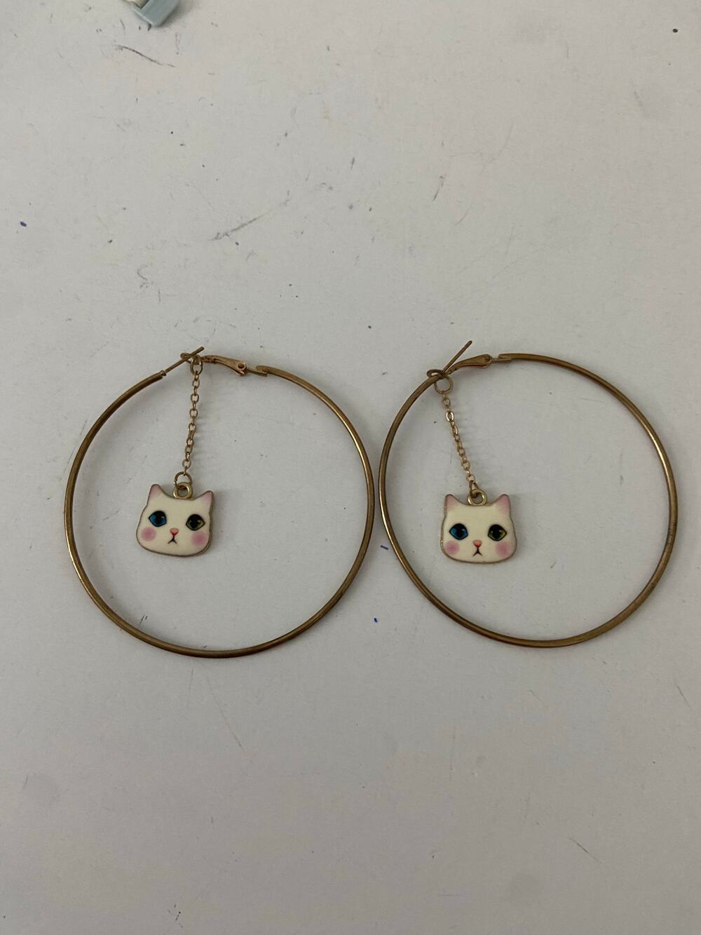 Cat Charm Hoop Earrings - Fair Condition, Tarnish